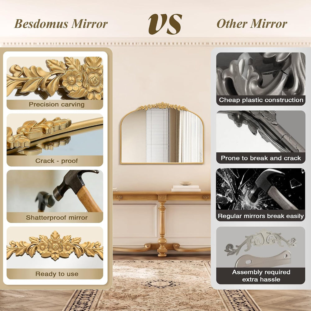 Besdomus Vintage Gold Arched Mirror: 32"x24" French Baroque Antique...