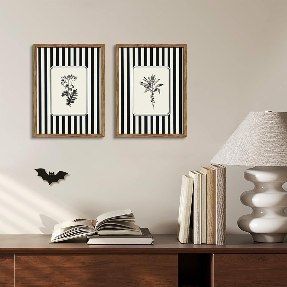 Framed Vintage Botanical Wall Art Set of 2, Black and White Striped Floral Ca...