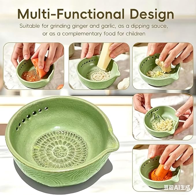 Garlic Grater Bowl 7-hole 2-in-1Kitchen Spanish Handheld Herb Stripper Ceramic - Image 2