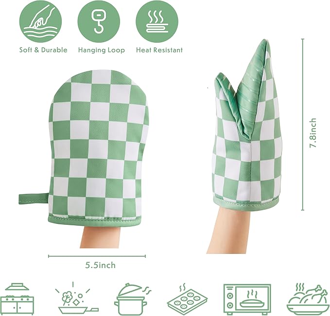 Ohocut Sage Green Checkered Mini Oven Mitts Heat Resistant, Vintage Retro - Image 5