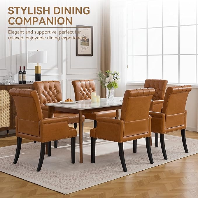 PU Leather Dining Chair with Arms, Upholstered Tufted High Back Dining Room C...