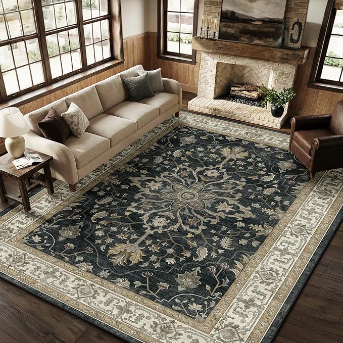 Area Rugs 9'x12' Washable Non-Slip, Floral Vintage Distress Print Pattern - Image 2