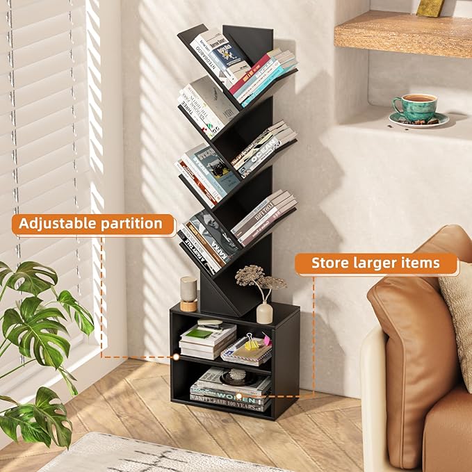 10 Tier Tree Bookshelf,Floor Standing Wood Tall Bookcase for Narrow Space, St...
