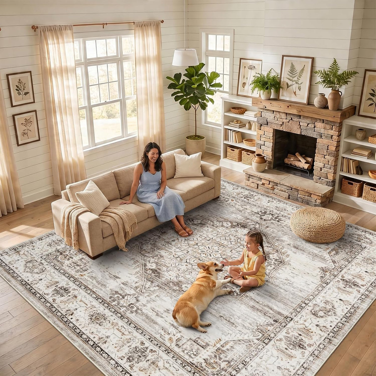 12x12 Square Area Rug: 12ft Square Washable Living Room Rugs Ultra Thin Soft Oriental Non-Slip Backing Farmhouse Rug Low Pile Thin Stain Resistant Indoor Carpets, 12' x 12' Beige