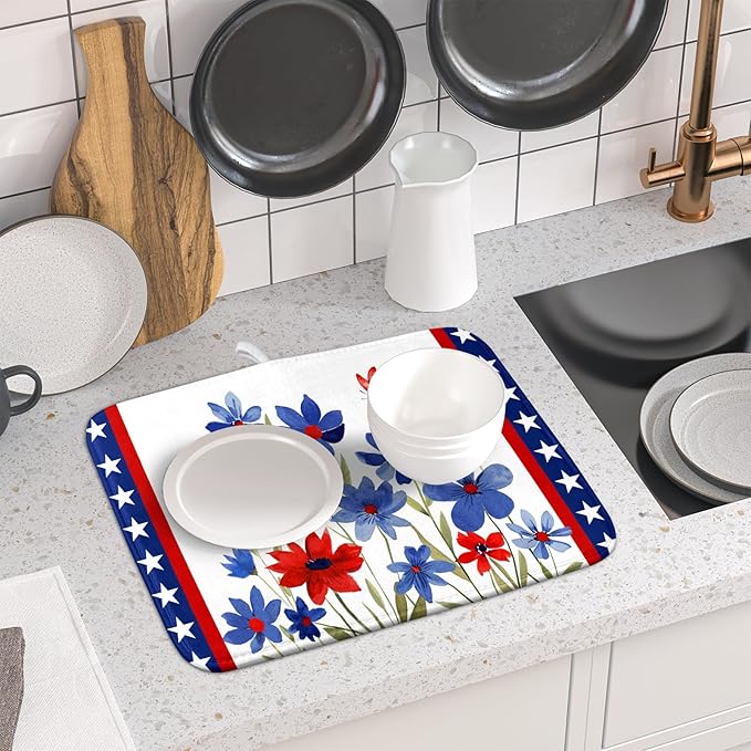 Giwawa 4th of July Flower Dish Drying Mat 16"x18" Independence Day Stars Dish - Image 6