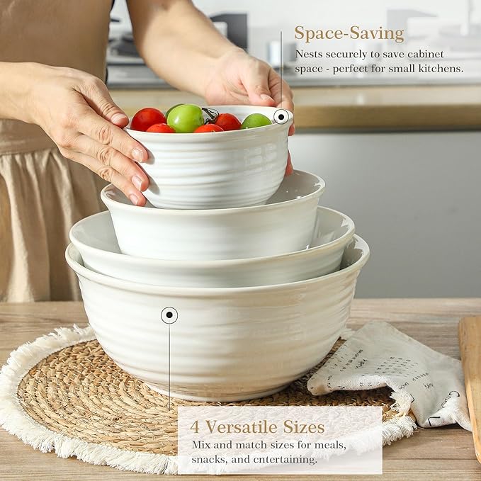 Hasense Porcelain Mixing Bowls, 2.8/2.1/1.0/0.5 Qt, Handmade Large Salad - Image 4