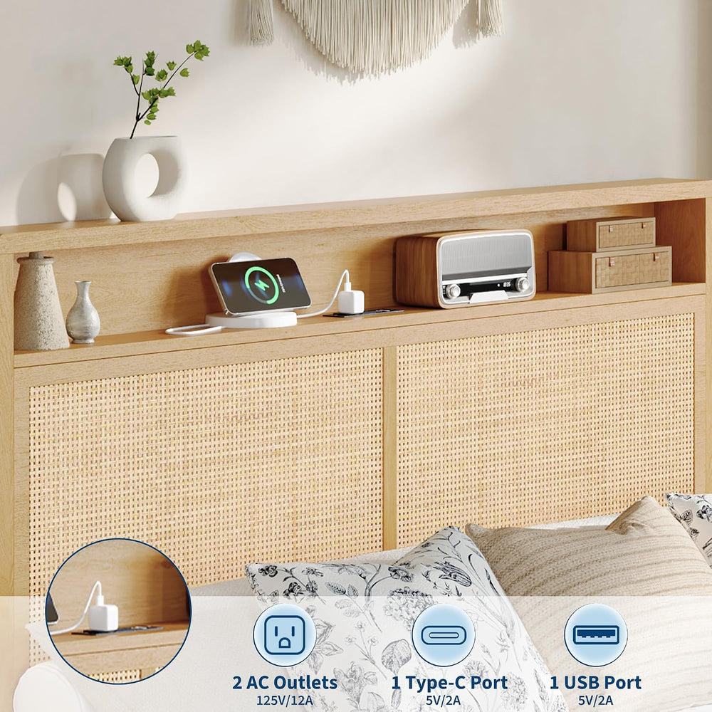 IDEALHOUSE Rattan Queen Bed Frame with Natural Rattan Headboard,Bohemian Quee...