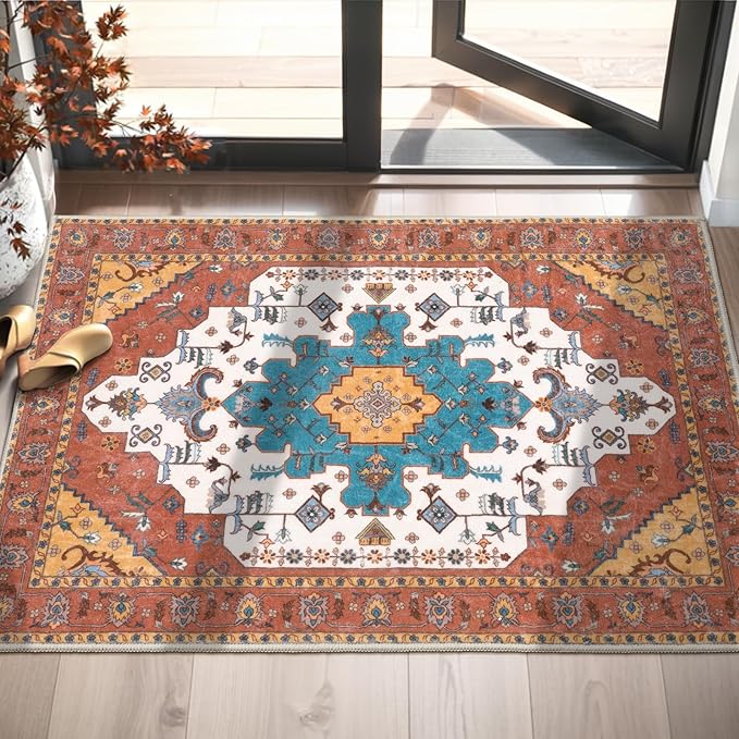 SERISSA Boho Rugs for Entryway, 2x3 Orange Entryway Rug Non-Slip Washable Small by SERISSAHomeDecorCollection
