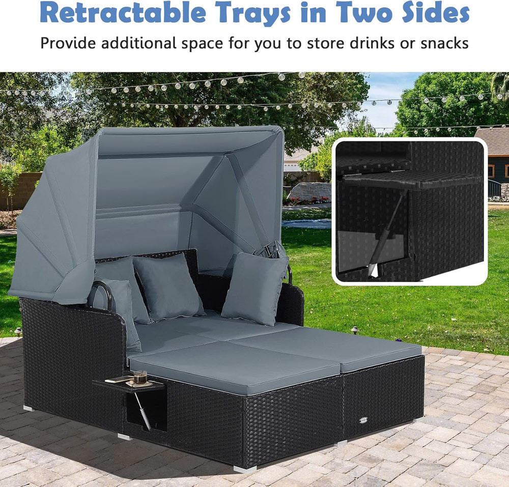 Moccha Outdoor Daybed with Retractable Canopy, Wicker Cabana with 2 Side Tabl...