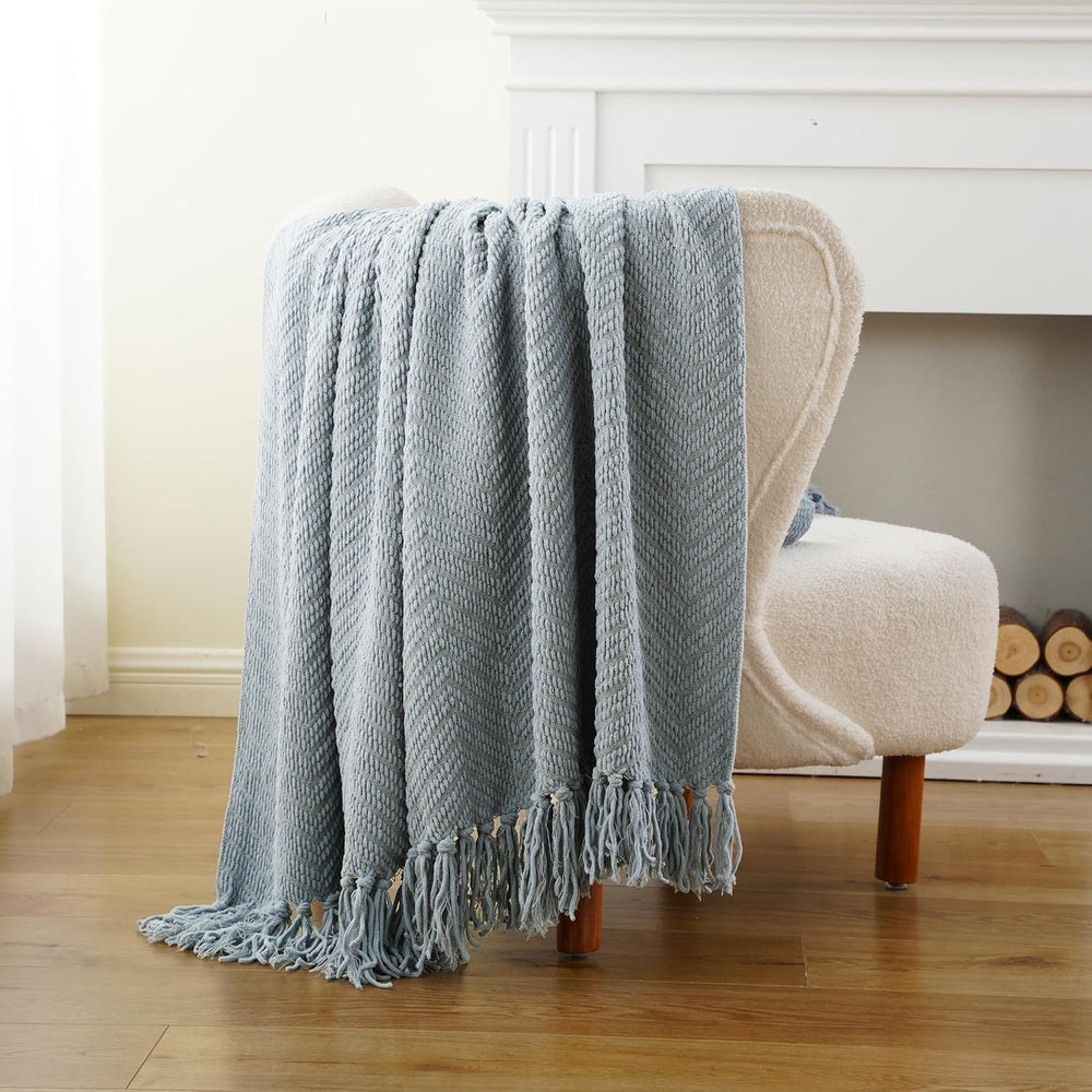 Battilo Blue Grey Throw Blanket for Couch, Knit Throw Blanket, 50"x60"