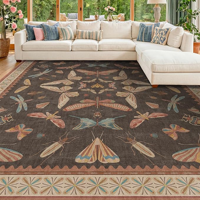 Brown Large 8x10 Living Room Area Rug, Unique Washable Insect Rugs by HazoHaus