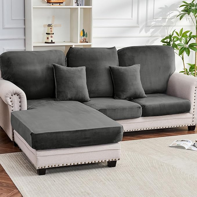 Couch Cover 6-Piece Elastic Velvet Couch Cushion Covers & Chaise Slipcovers by Taque