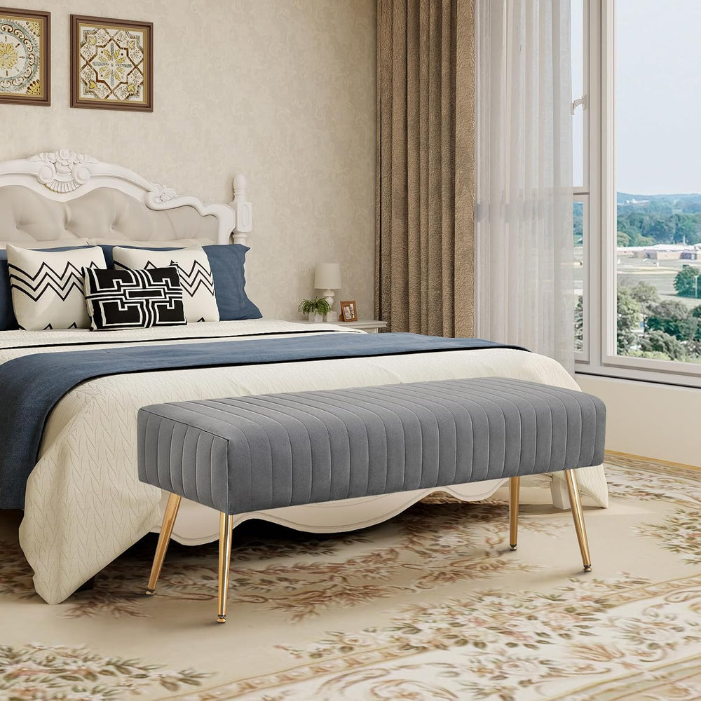 Furnimart 44 Inch Gray Velvet Modern Ottoman Bench, Modern Upholstered Bedroo...