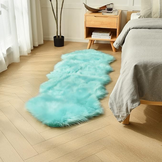 duduta Turquoise Blue Faux Sheepskin Runner Rugs 2x6 ft, Fluffy Shag Bedroom - Image 3
