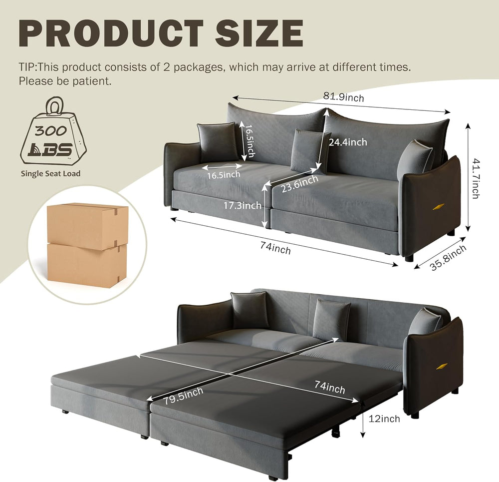 81.9" 3-in-1 Convertible Sofa Bed, Modern Velvet Sleeper Couch with Rein...