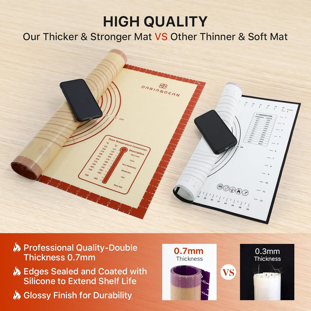 DANIA & DEAN 26"x16" Extra Thick Silicone Baking Mat for Pastry and Bread | Non-Slip & Non-Stick Mat with Measurements, for Pizza, Pie Crust, Dough Rolling, Pasta & Sourdough, Reusable Counter Sheet