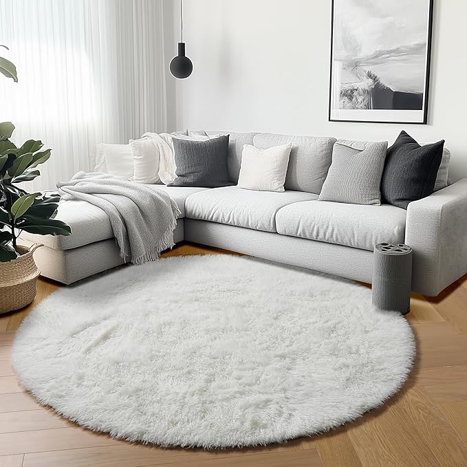 ONASAR Cream White Round Area Rugs 6ft, Fluffy Soft Bedroom Circle Rug Floor Mat - Image 4