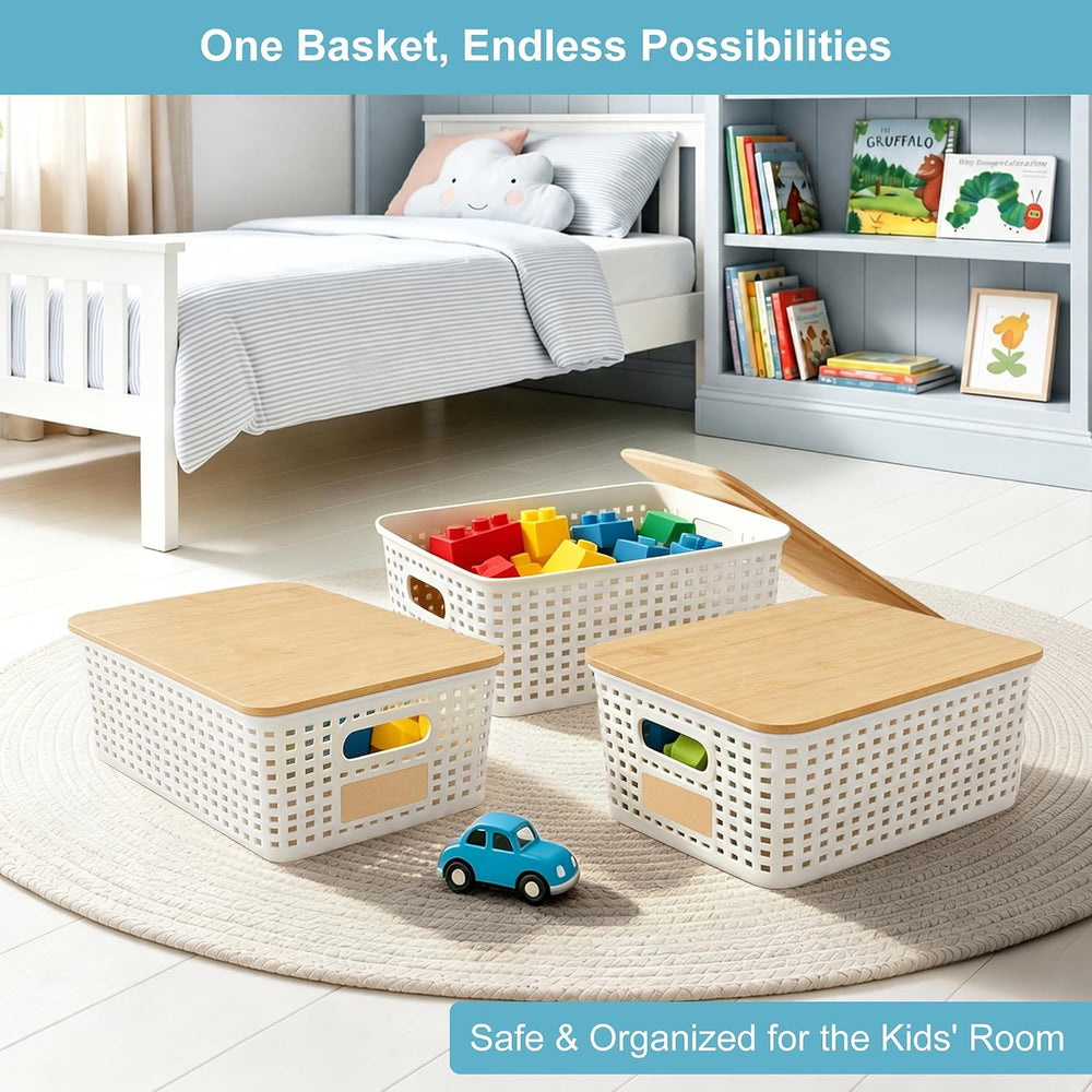 Small Plastic Storage Bins with Bamboo Lids 5.2qt Stackable Box Basket Pantry...