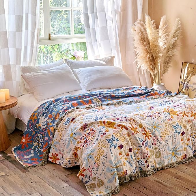 MSGKV Boho Throw Blanket for Couch 100% Cotton 50"x60" Floral Blanket Sofa - Image 5