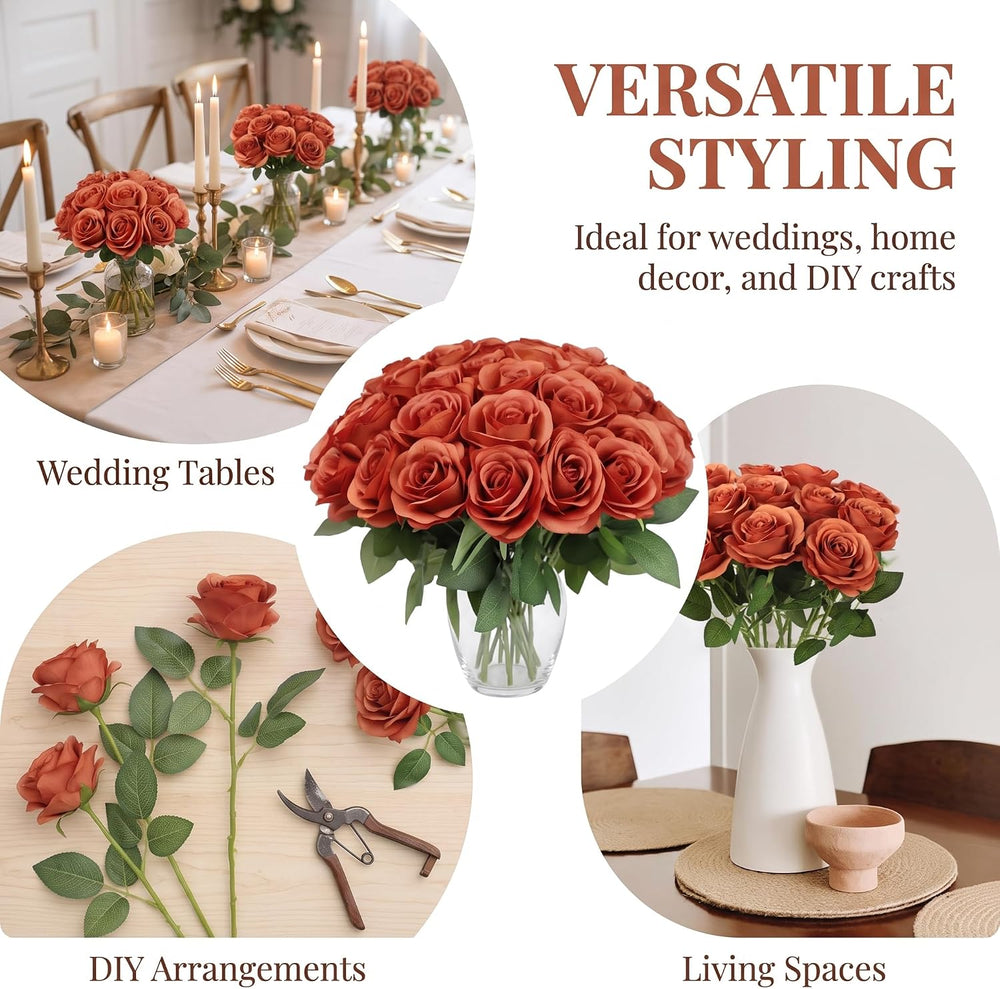 JUSMAI 30pcs Fake Roses Burnt Orange Artificial Flowers Fall Flowers
