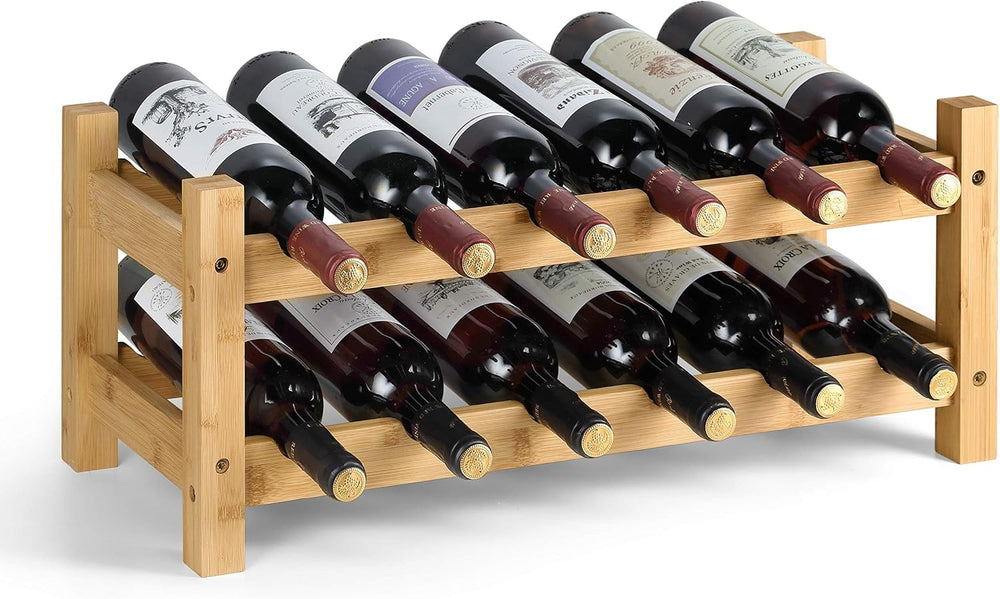 2 Tiers Bamboo Wine Rack Countertop Wine Display Stand Wine Storage Shelf Win...
