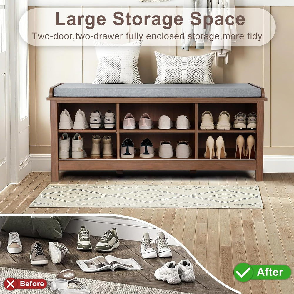2-Tier Shoe Storage Bench,43" Wooden Shoe Cabinet with Sliding Doors,Wal...