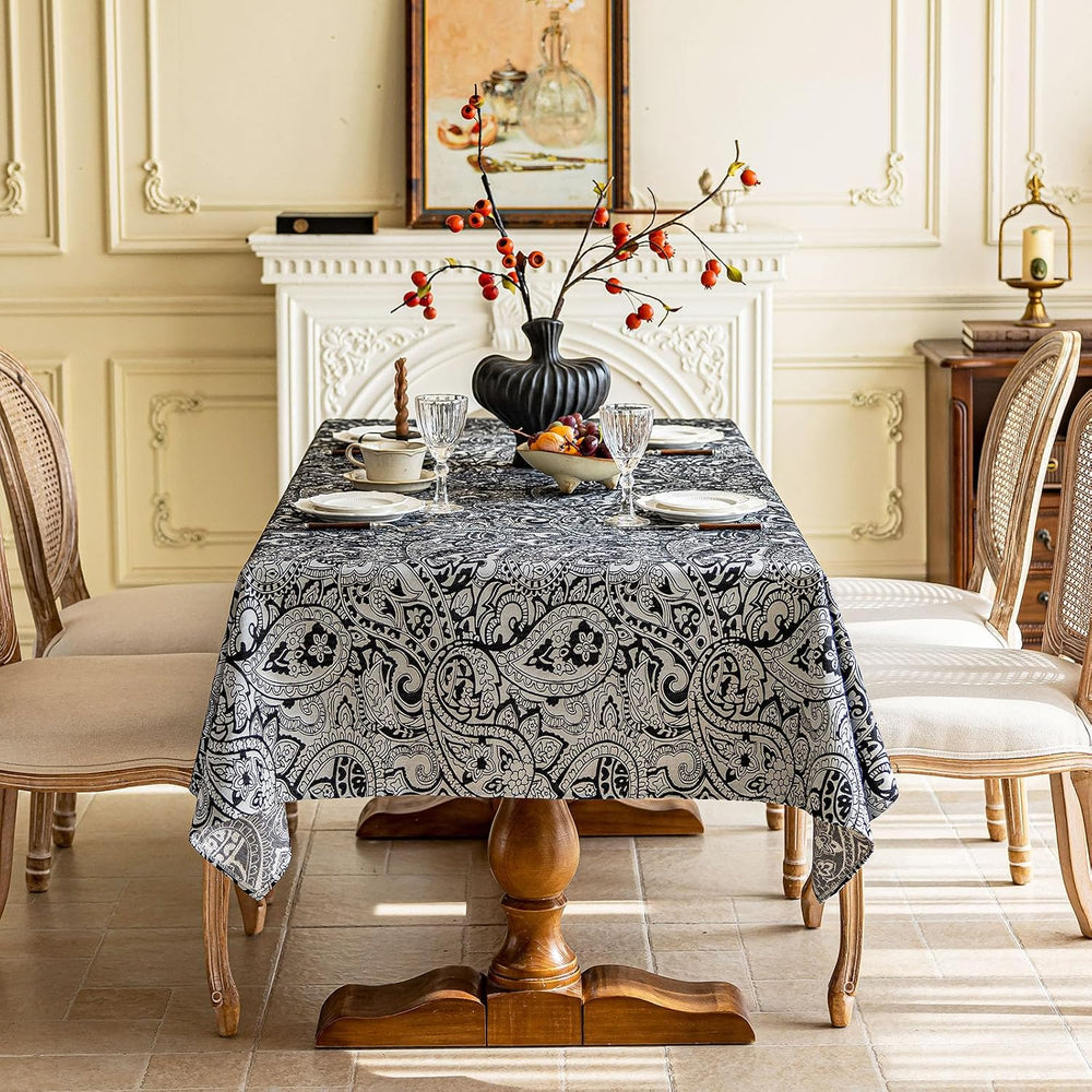 Black Jacquard Floral Tablecloth Rectangle 57”x70”, Waterproof & Wrinkle ...