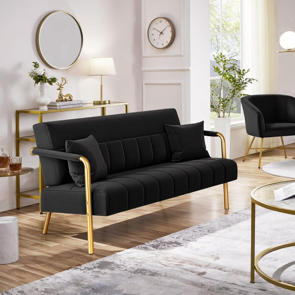 Yaheetech 56.5" Small Sofa 2 Seater Couch with Gold-Tone Legs, Black