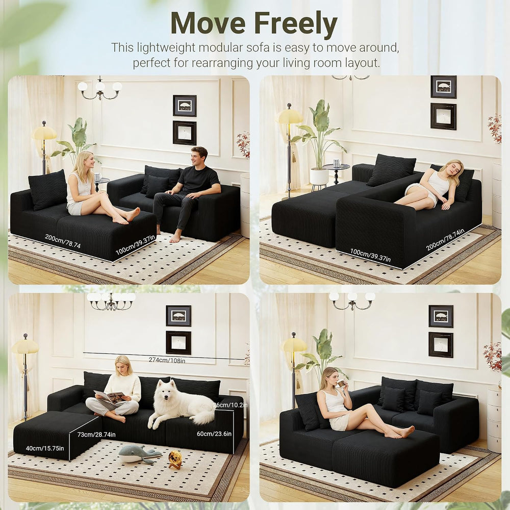39" Modular Single Boneless Cloud Sofa, Corduroy Corner Chair Left Arm M...