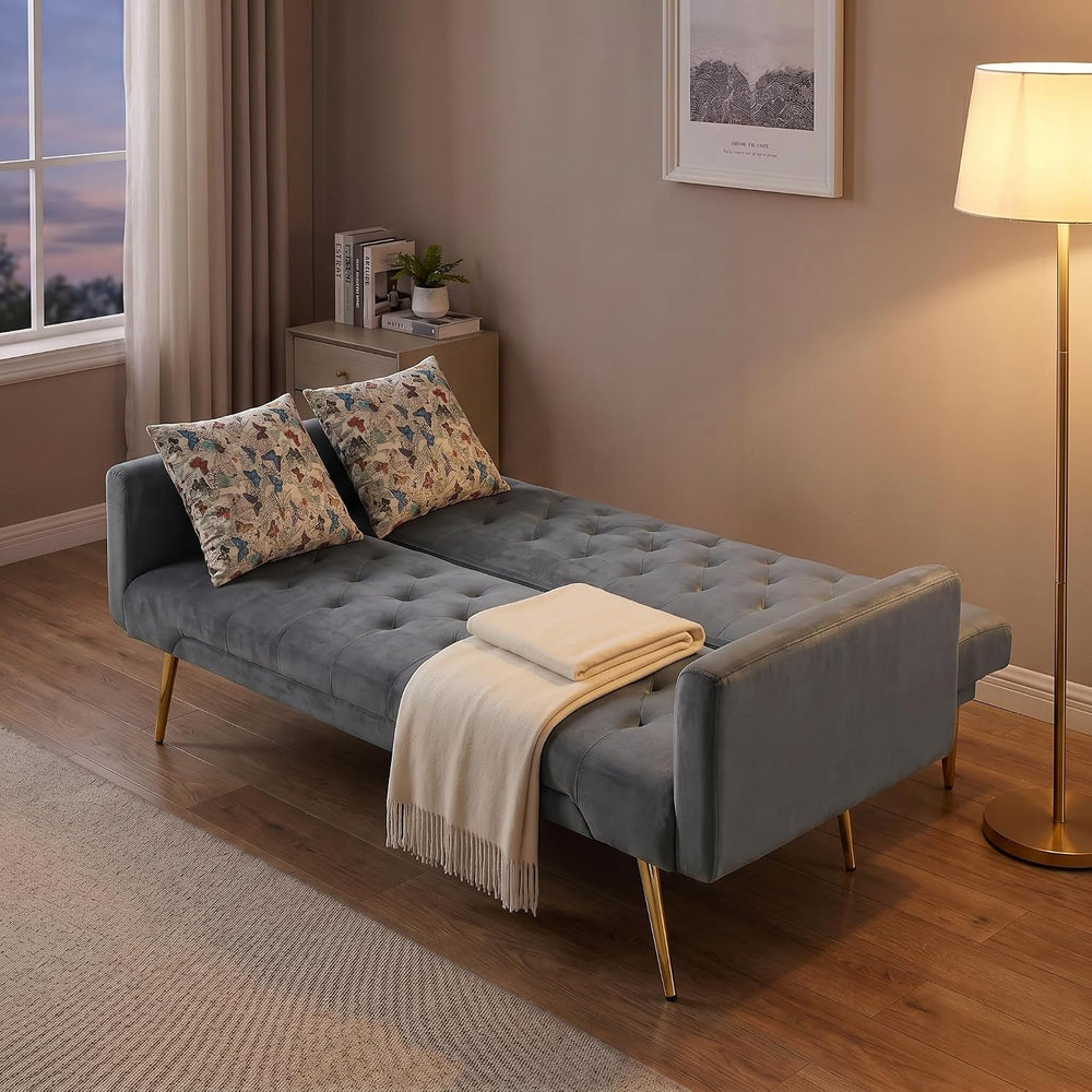 Velvet Convertible Futon Couch Bed with 2 Throw Pillows, Dark Gray