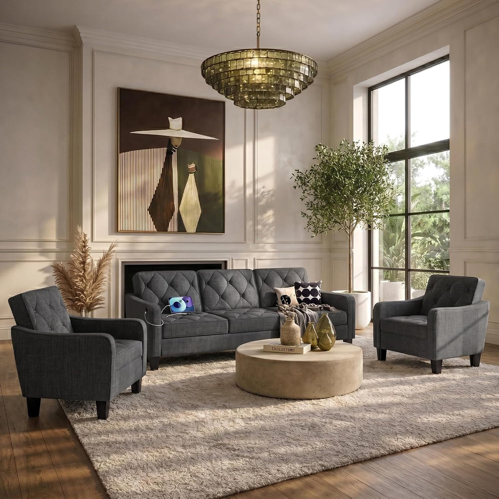 3-Piece Dark Grey Fabric Sofa Set, 2 Accent Chairs & 3 Seater Couch, Tufted