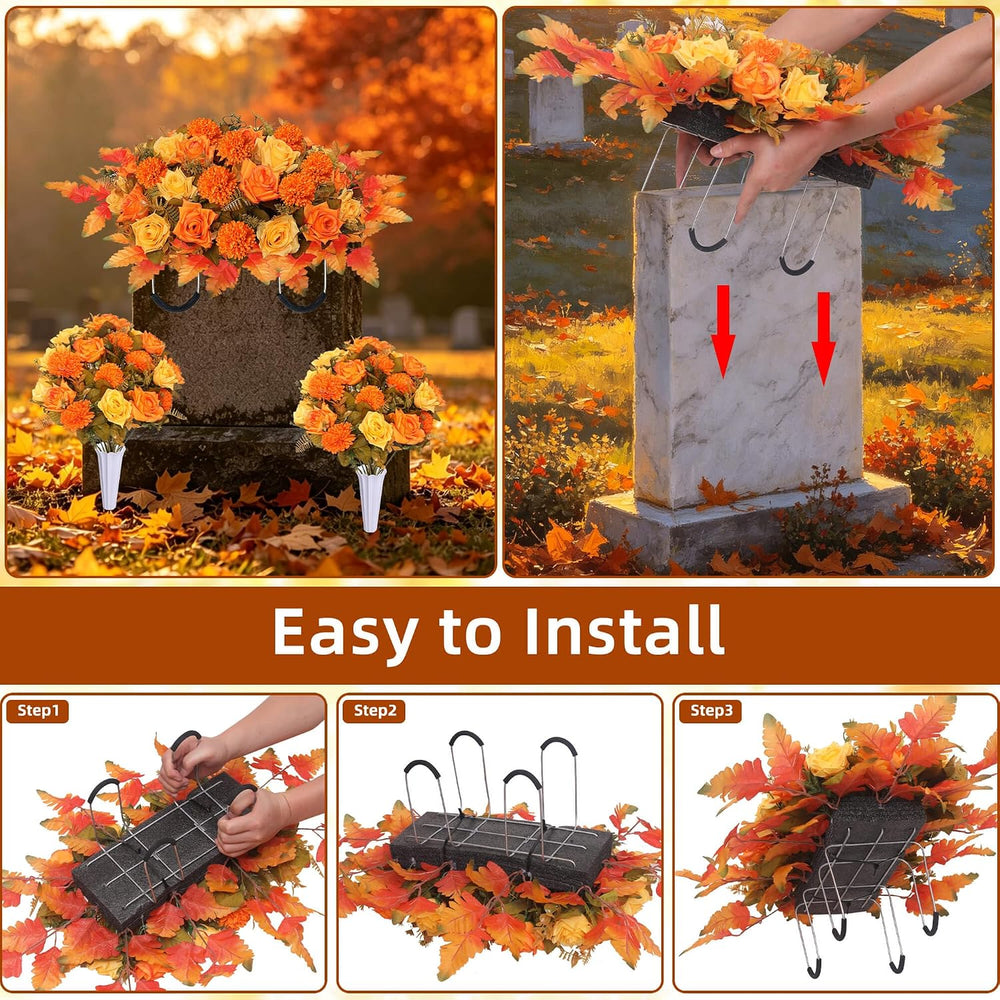 Lodou 3 Piece Cemetery Flowers Set – Large Headstone Floral Saddle Artificial...