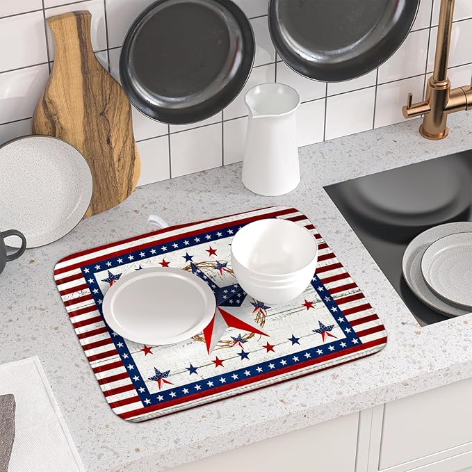 Giwawa Patriotic Stars Dish Drying Mat 4th of July America Star Wreath Dish - Image 6