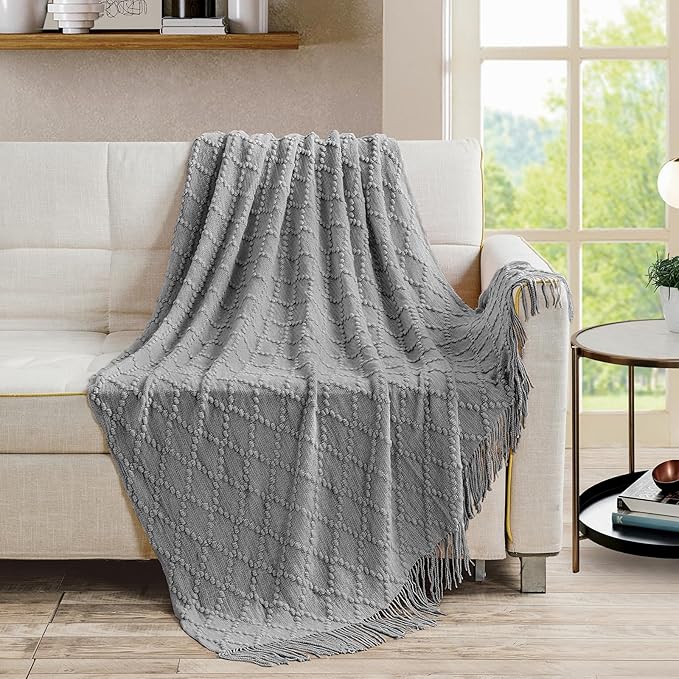 BOURINA Light Grey Throw Blanket 50 x70 Inches Jacquard Argyle Throw Textured - Image 2