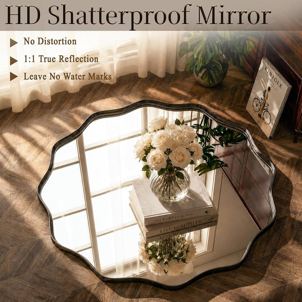 VooBang Black Scalloped Circle Mirror, 24" Wavy Edge Round Wall Mirror