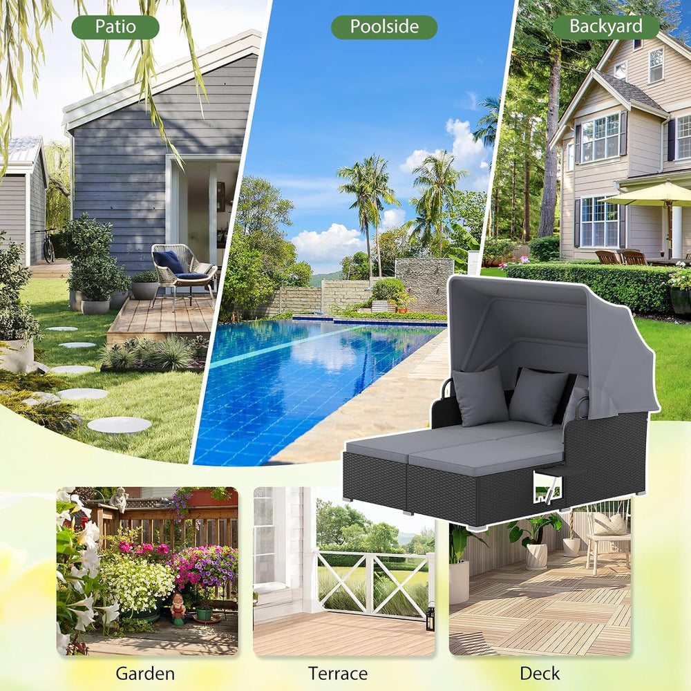 DREAMADE Outdoor Daybed with Canopy, 2 Person Rattan Patio Sunbed, Grey