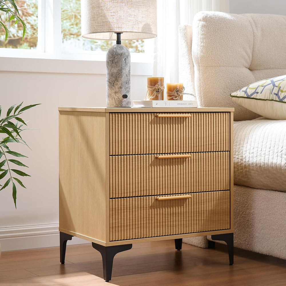 3-Piece Fluted Bedroom Set, 6 Drawer Dresser & 3 Drawer Nightstands