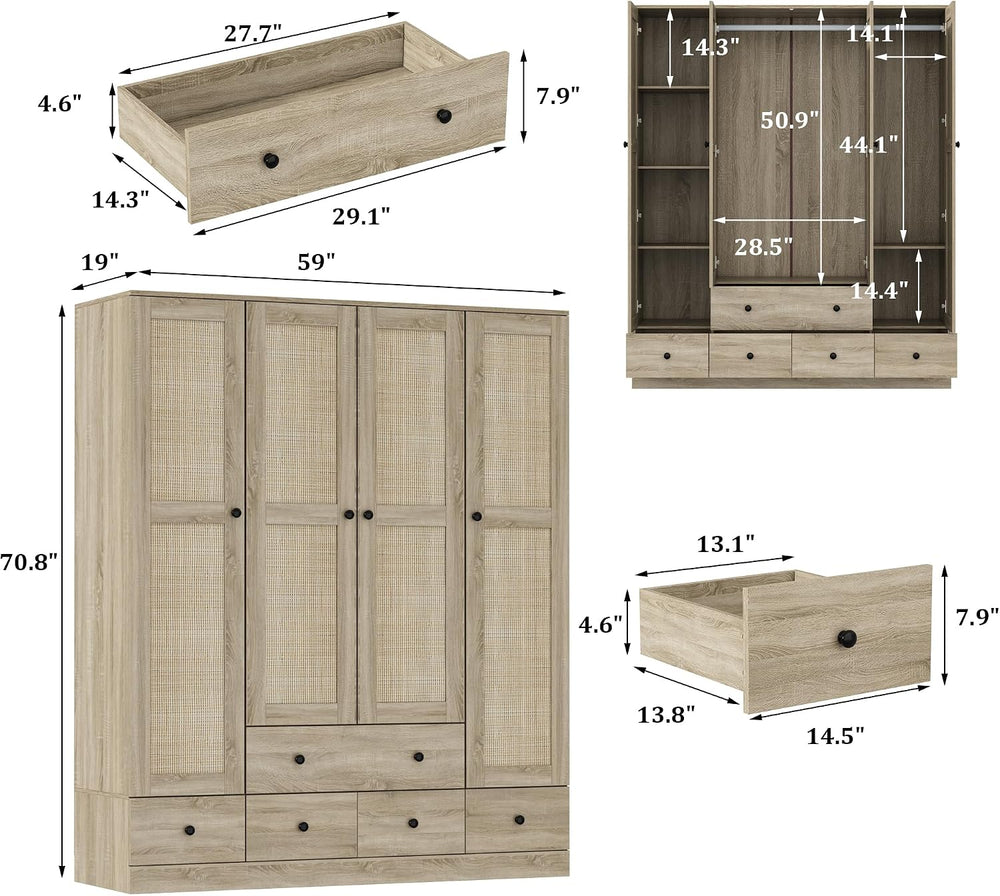 WOODTIME Rattan Armoire Wardrobe Closet with 7 Shelves, 5 Drawers & Hangi...