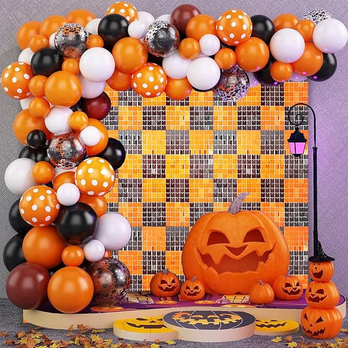 12PCS Black Orange Shimmer Wall Backdrop, Square Sequin Photo Backdrops Panel...