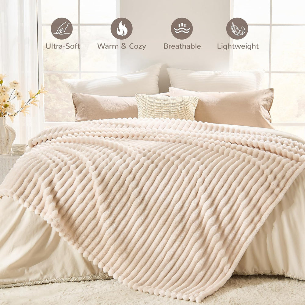 330GSM Ribbed Fleece Queen Blanket for Bed, Cream, 90"x90"