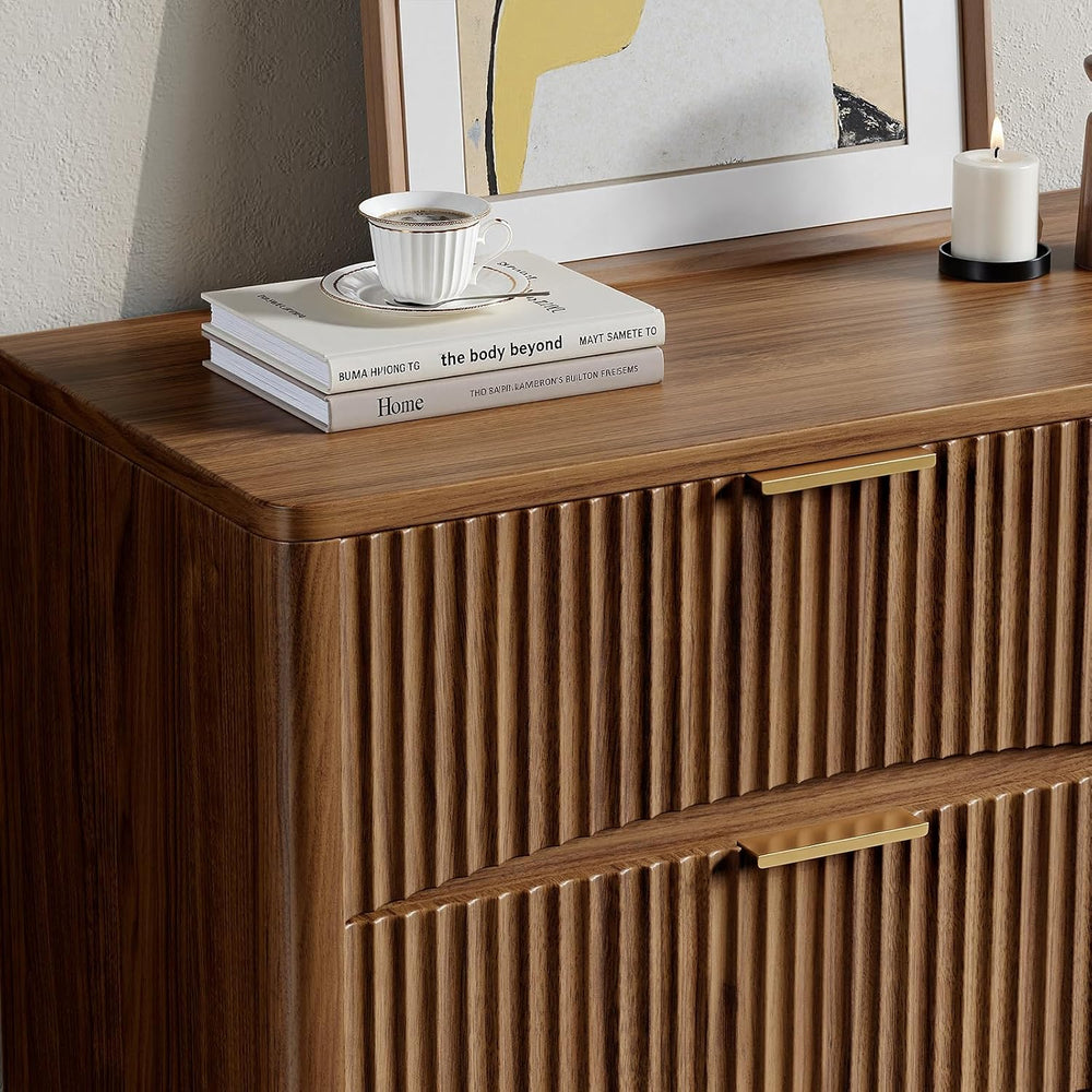 Evermagin 54" Curved Fluted 6-Drawer Dresser, Mid-Century Modern Walnut