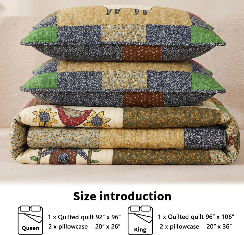 100% Cotton Patchwork Quilt Set Queen,Farmhouse Bedding,3-Piece