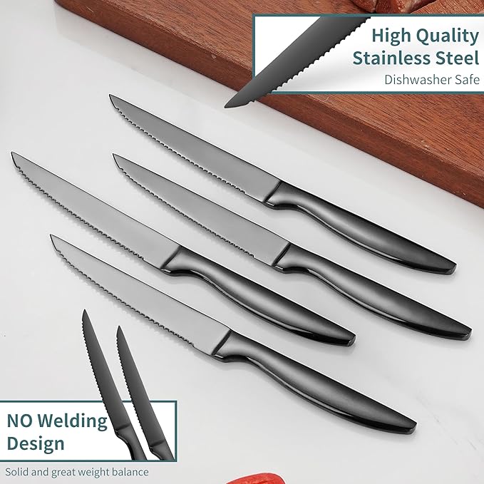 SuperCook Black Steak Knives Set of 8, Steak Knives Dishwasher Safe, Knife Set