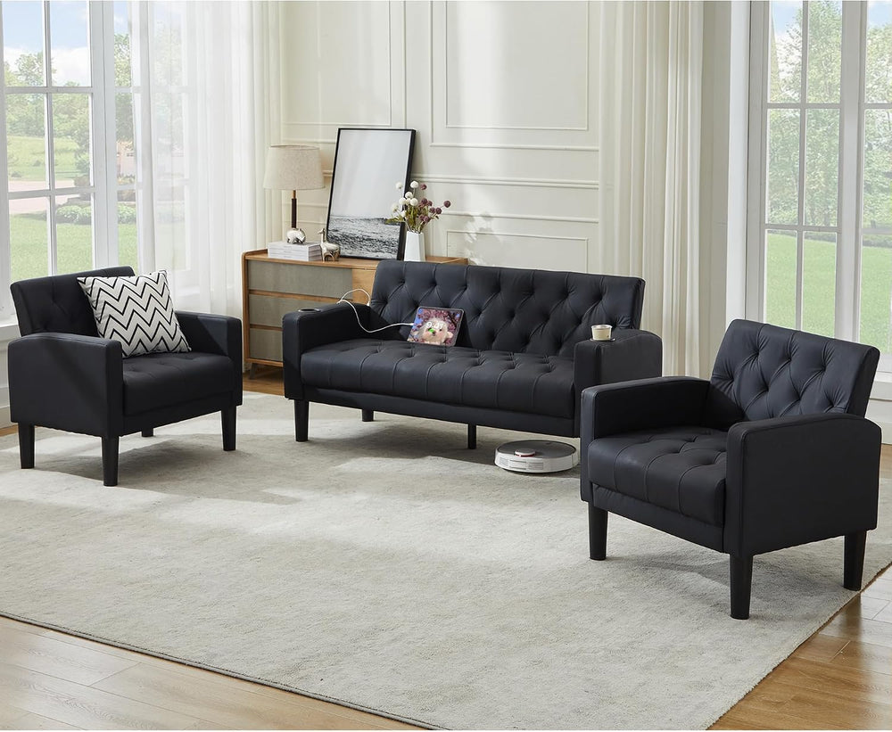 TYBOATLE Mid-Century Modern Tufted Black Faux Leather Loveseat Sofa Set w/ 2 ...