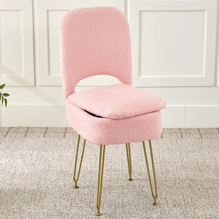 BRIAN & DANY Vanity Chair with Storage and Folding Back, Teddy Velvet Square Storage Chair with 4 Metal Legs for Bedroom, Living Room and Makeup Stations, 13.4"x 15"x 30", Cream Pink