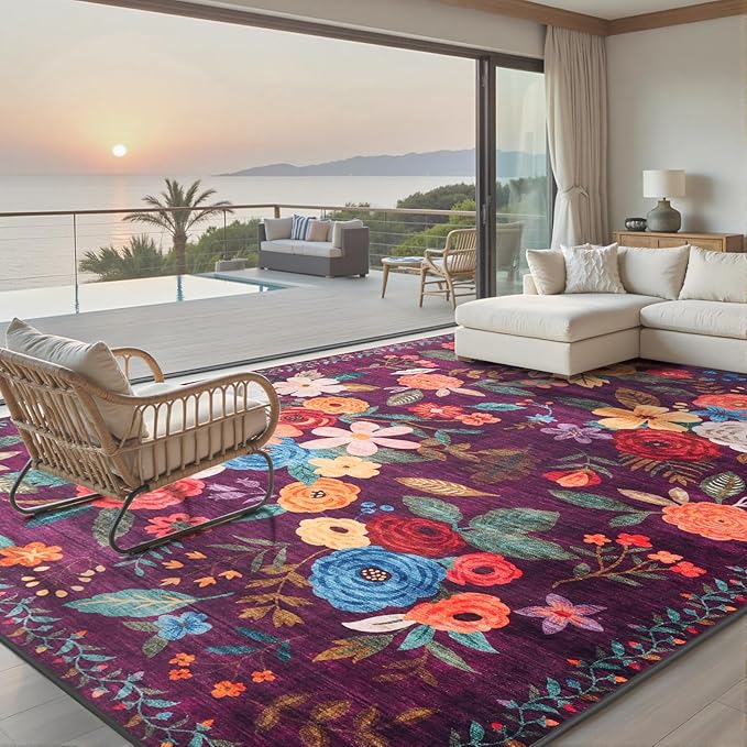Area Rugs 10x14 Living Room, Non Slip Machine Washable Floral Rugs, Low Pile by WelcometoBabovid