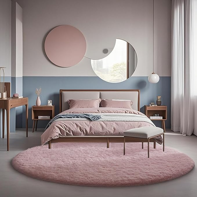 Ophanie Round Rugs 6Ft Pink Circle Area Rug, Fuzzy Bedroom Carpet, Large Shag - Image 7