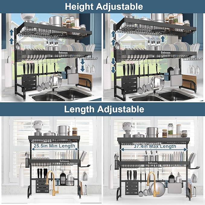 Over The Sink Dish Drying Rack, 3 Tier Adjustable Length Full Stainless Steel - Image 7