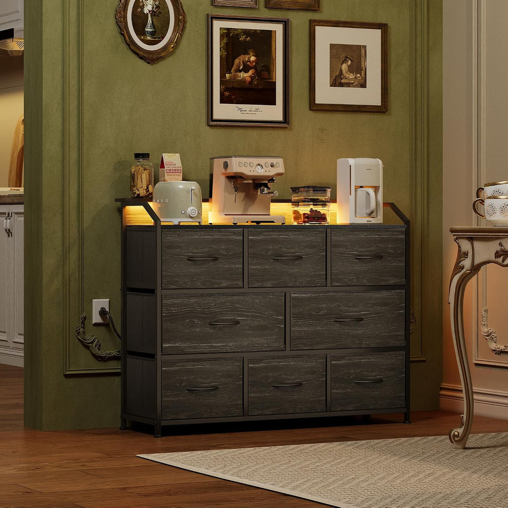 WLIVE Dresser for Bedroom, 8 Drawer LED Dresser, Black Wood Grain