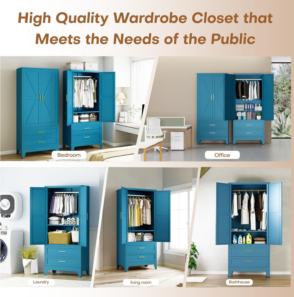 71" Metal Wardrobe Closet Clothing Storage Cabinet with 2 Drawers